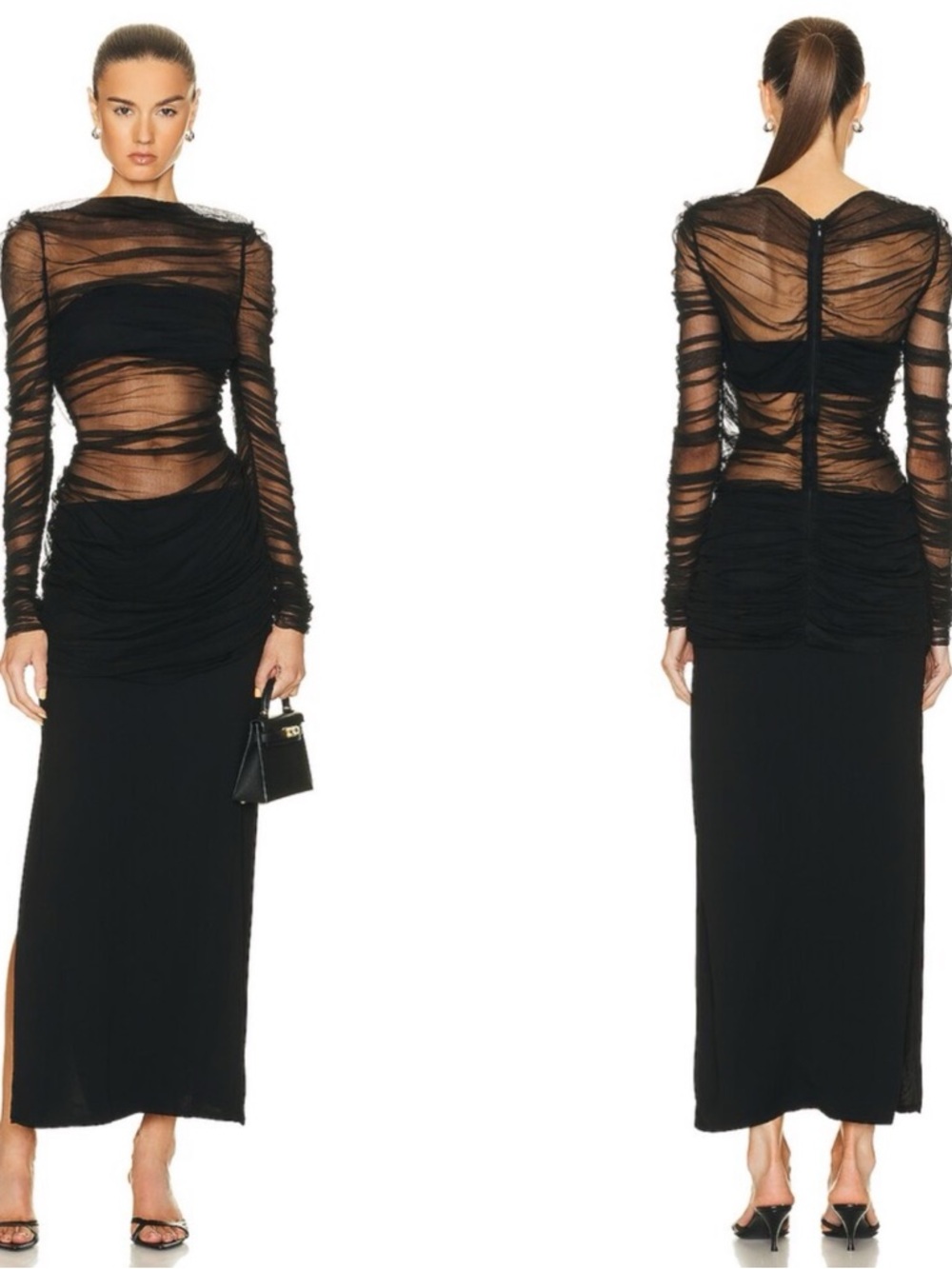 CHRISTOPHER ESBER Tulle Ruched Sheer Long Sleeve Black Maxi Dress Size 8